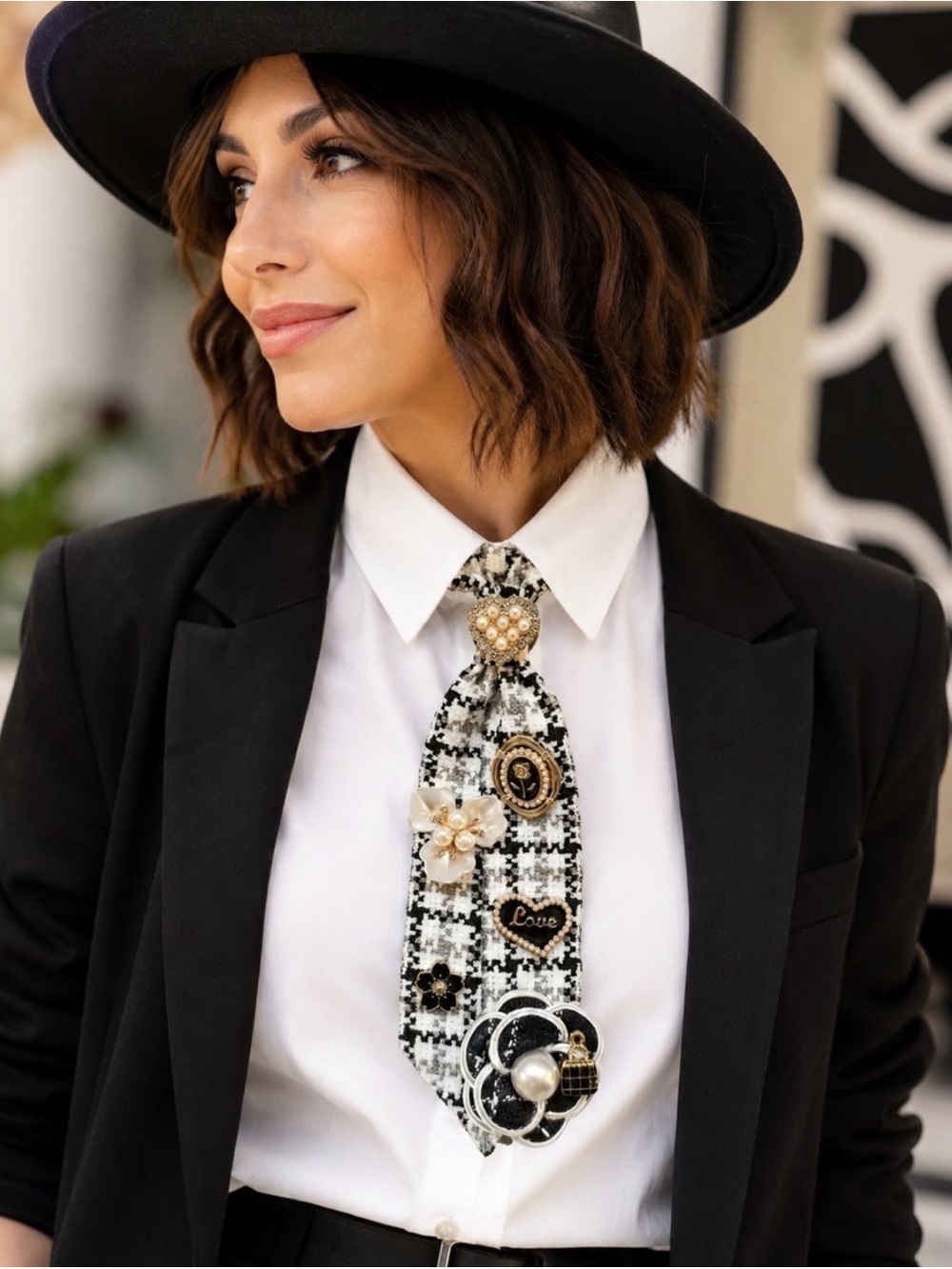 Black & White Tweed Decorative Tie with Brooch Embellishments